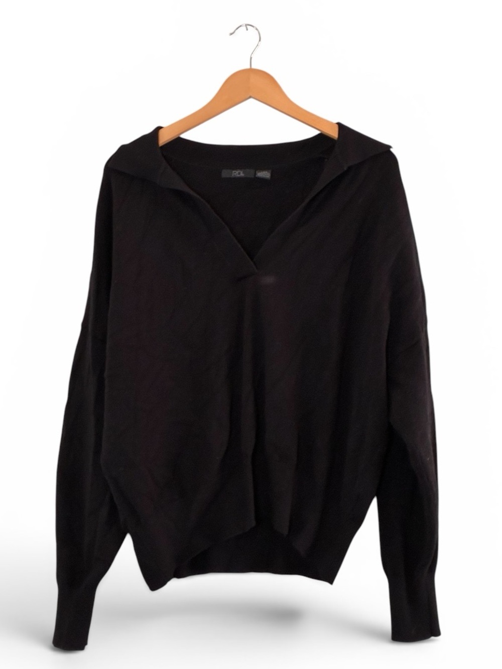 RDI | Black viscose blend v-neck polo style long sleeve slouchy sweater sz large